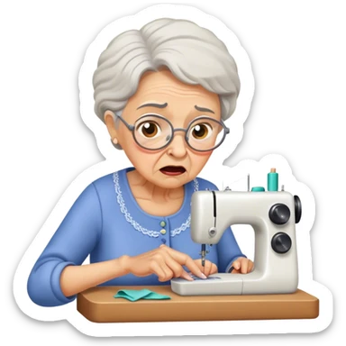 Grandmother pricks finger sewing, shocked expression, pain, surprise, distress. sticker