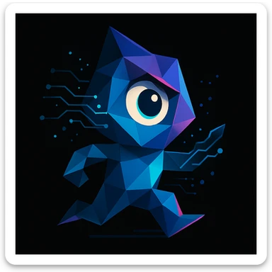 abstract geometric mascot for a creative tech portfolio, modern and professional with a single expressive eye, subtle tech and futuristic elements like glowing circuit lines and digital dots, dynamic flowing motion, neon color palette of deep blues, cyans, purples, neon highlights on black background, clean minimal energetic sticker