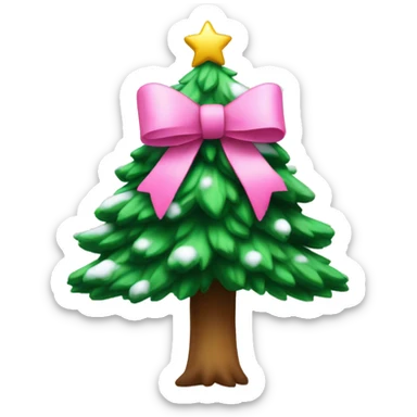 Christmas tree with snow on it, and a pink bow sticker