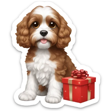 Brown and white cavapoo and new year gift box sticker