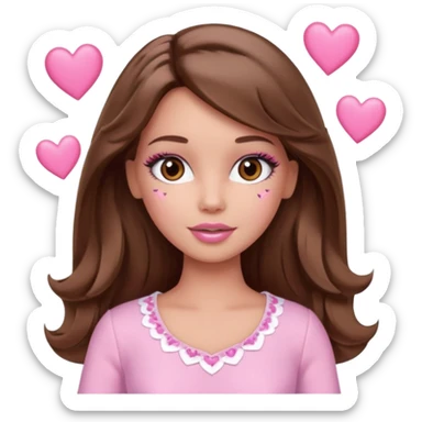 Barbie girl and  makeup , brown straight wavy hair and brown eyes is In pale pink clothes There are pink hearts all around sticker