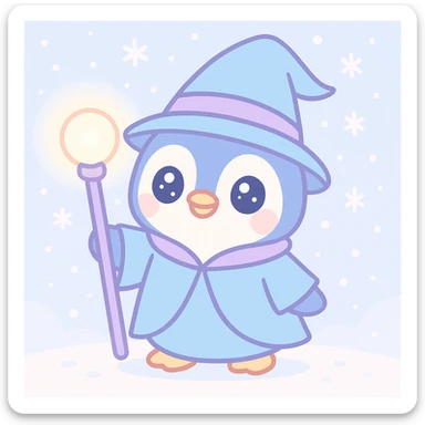 adorable penguin dressed as a wizard, glowing staff, snowy background sticker
