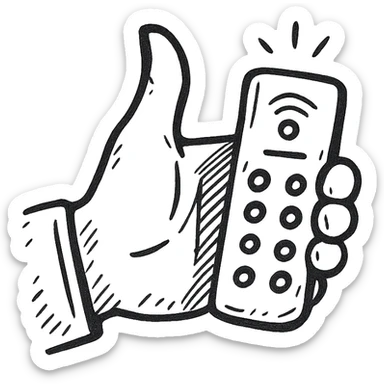 hand holding a clicker remote, thumb up gesture, clear and simple icon style sticker