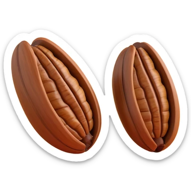 two or three whole pecan halves with deep brown grooved surfaces, natural curved shapes, slightly glossy texture, visible ridges, warm nutty tones, small cluster, no shell, clean 3D rendering, soft lighting, subtle shadows, transparent background, emoji scale sticker