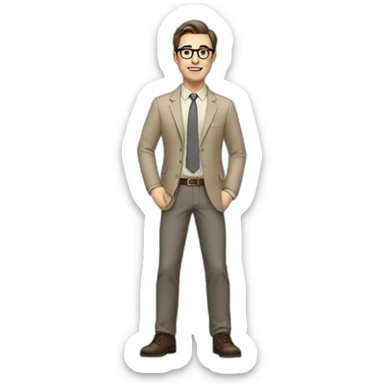 Full height Gesticulating Pale skinned fit man with dark brown hair in gray jacket, beige office shirt, brown tie, brown pants and vintage glasses. sticker