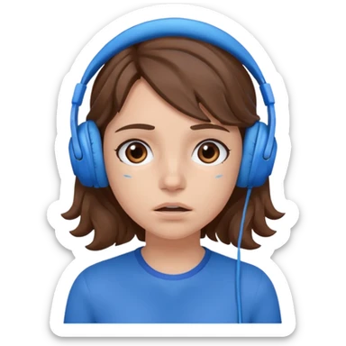 An upset girl with wavy hair listening to music with blue headphones sticker