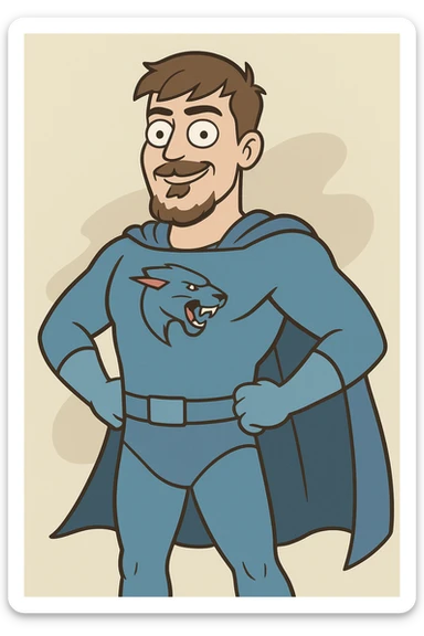MrBeast as a superhero, blue costume, cape, confident pose, cartoon style sticker