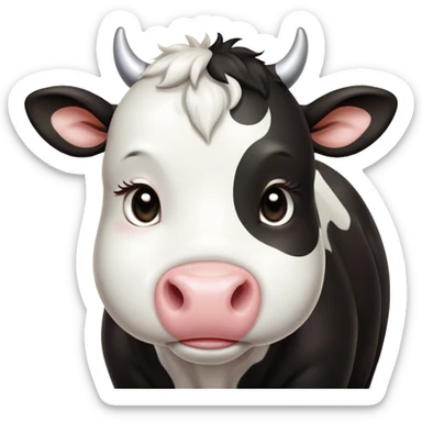Cinematic Cute Black and White Cow Portrait Emoji, Head tilted playfully and inquisitively, featuring a glossy, contrasting coat of black and white, round, sparkling brown eyes filled with gentle curiosity, Simplified yet irresistibly adorable features, highly detailed, glowing with a warm, friendly glow, high shine, affectionate and serene, stylized with a touch of contemporary charm, bright and endearing, soft glowing outline, capturing the essence of a mischievous yet loving cow, so playful it feels like it could moo out of the screen and into your arms! sticker