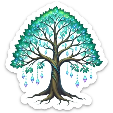 Spiritual magical ethereal tree with iridescent crystals hanging in it sticker