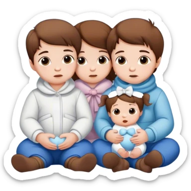 two white baby boys with brown hair and a white baby girl with brown hair and a bow sitting together in the winter snow sticker