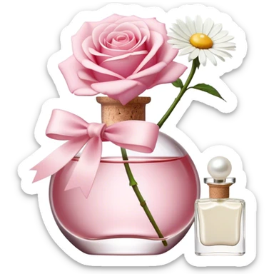 a beautiful aesthetic single rose in white and pink with an ivory bow and a pearl white perfume bottle with a white daisy on the cork sticker