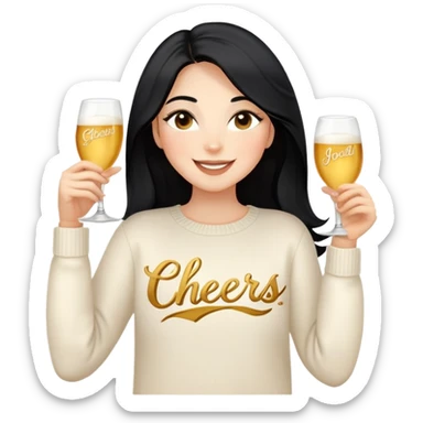 A woman with longer black hair, light to medium skin tone, full cheeks, and almond-shaped eyes, wearing a simple white sweater with the word 'cheers' in gold script, joyful and radiant expression, cheerful. sticker