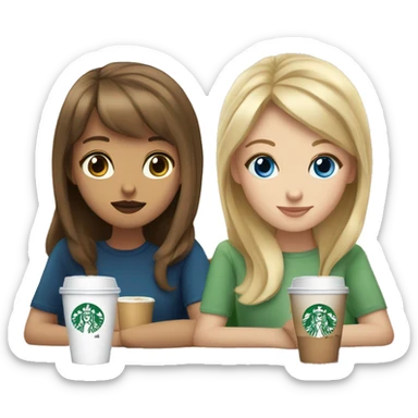Blonde girl with Blue eyes  and brown haired girl with bangs and hazel  eyes, drinking Starbucks  sticker