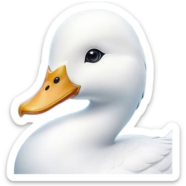 Cinematic Noble White Duck Portrait Emoji, Poised and regal, with a sleek, streamlined build and a pristine, well-groomed pure white plumage, deep-set soulful bright eyes, Simplified yet sharp and sophisticated features, highly detailed, glowing with a soft, dignified glow, high shine, intelligent and graceful, stylized with an air of aquatic elegance, focused and attentive, soft glowing outline, capturing the essence of a watchful and confident waterfowl, so majestic it feels as though it could glide out of the screen with effortless authority! sticker