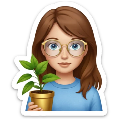 Girl with light skin, brown hair, blue eyes, freckles, and gold glasses holding plant sticker
