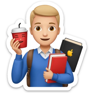Create two emoji characters.

Left: a stressed student preparing for IELTS, holding books and coffee, tired face, exam stress.

Right: a happy confident student after IELTS, traveling abroad, airplane, university, freedom, smiling.

Style: Apple emoji, clean, simple, white background. sticker