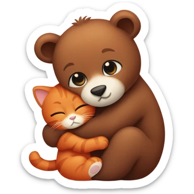 brown bear cub hugs red cat sticker