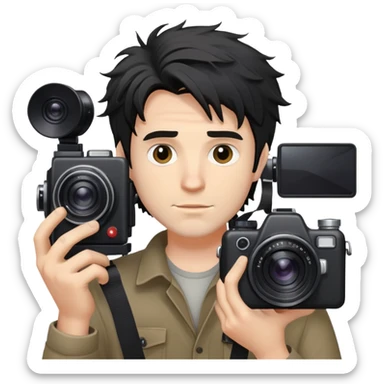 a white man with black messy hair holding a foto camera sticker