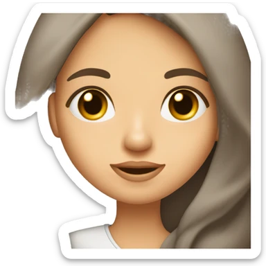 mujer blanca de ojos color almendra y cabello largo color marron oscuro. Ella tiene un lunar en la mejilla izquierda.con laptop en mano  sticker