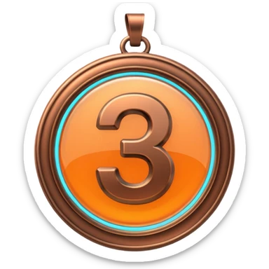 medal number 3, minimalistic bronze transparent glass 3d neon glowing sticker