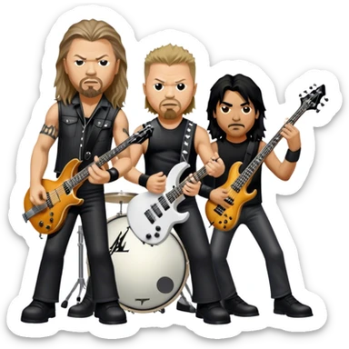 Icon for Metal Music: Metallica band four members detailed in their signature look. James Hetfield with guitar, Lars Ulrich on drums, Kirk Hammett with his electric guitar, and Robert Trujillo playing bass. Bold, energetic style, all in a heavy metal aesthetic. Transparent background. sticker