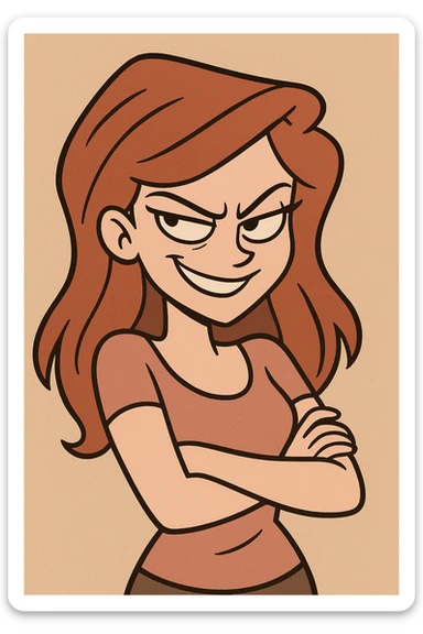 a beautiful girl with a mischievous, sly smile and sharp eyes, bold cartoon style sticker