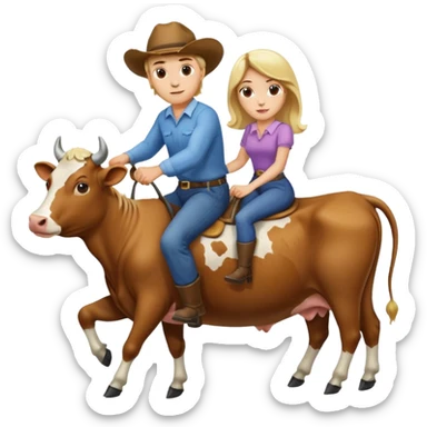 Do a man and a woman riding cows , the man is blond and woman a brunette sticker