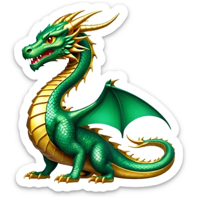cinematic-noble-dragon-full body-emoji,-poised-and-majestic,-with-a-sinuous,-elongated-build-and-shimmering,-scale-covered-skin-in-hues-of-emerald-and-gold,-piercing,-fiery-eyes,-simplified-yet-sharp-and-sophisticated-features,-highly-detailed, zoomed out showing the serpentine body sticker