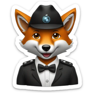 Un renard en costume noir avec une casquette plate fait un salut sticker