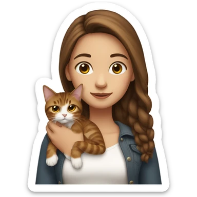 Long brown-haired girl holding a long haired tabby cat sticker