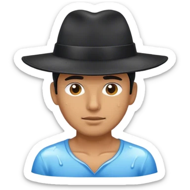 Man wearing black hat with wet shirt sticker