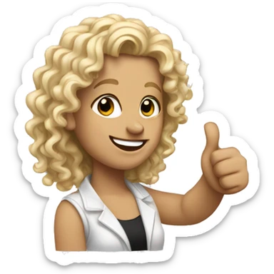 Me (with curly blonde, hair) giving a thumbs up sticker