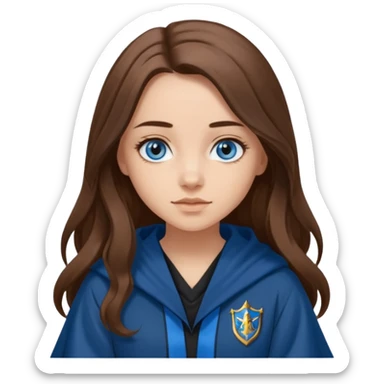 gorgeous Girl with light skin, blue eyes, long brown hair, wears ravenclaw black and blue robes  sticker