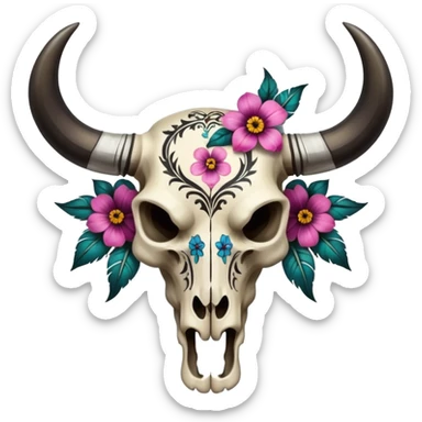 Aesthetic asymmetry bull skull cranium with flowers, black painted tribal tattoo pattern markings  sticker