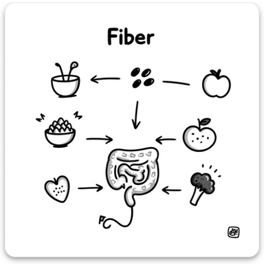 Hand-drawn doodle showing various fiber-rich foods like oats, beans, apples, berries, and broccoli with arrows pointing to a healthy intestine, with text showing 'Fiber' sticker