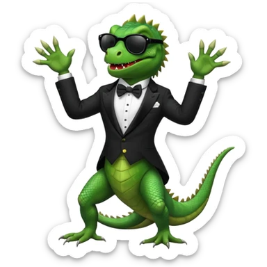 capitalist iguana banker in tuxedo and black sunglasses dancing crazy sticker