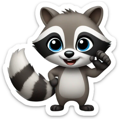 A cute fluffy raccoon waves his paw and greets sticker