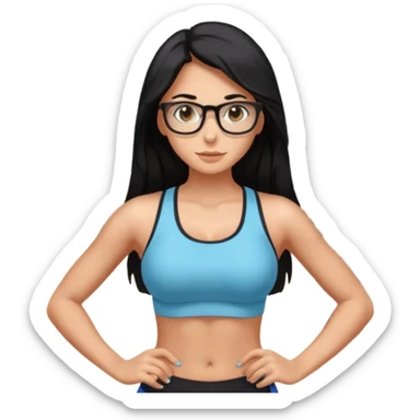 girl with long black hair, brown eyes, medium size breasts, wearing glasses and working out in the gym sticker