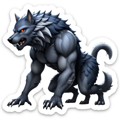 cinematic-noble-fierce-werewolf-on all fours-emoji, poised-and-imposing, with a tall, lean, and muscular wolfish frame inspired by the brutal, imposing shape of the beast from Berserk, fur rippling in shades of midnight black and silver, massive paws with razor-sharp claws, elongated limbs and fangs, eyes glowing with an intense, primal ferocity, reflecting the untamed power of the wild moonlit night; rendered with realism sticker