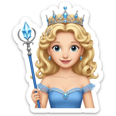 Glinda from Wicked, smiling, curly blonde hair, tiara, blue dress, holding a wand sticker