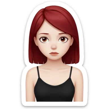 a pretty bratz fair girl with dark red straight hair, black cami top, looking sad sticker