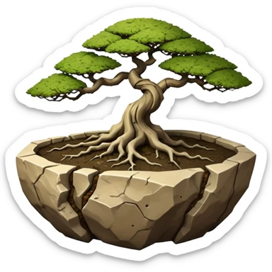 Roots Stoneware akadama soil mosses irregular angular Stone Age rocks cracked and broken forming a very shallow bonsai pot sans(without) tree  sticker