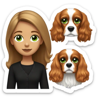 a girl with light brown long hair in black clothes, with green eyes and a Cavalier King Charles Spaniel sticker