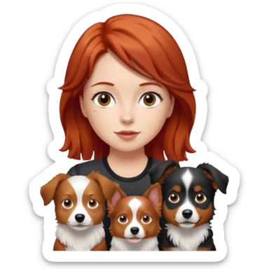 young woman with red hair and two mini Australian shepherds, brown white and black, boy bigger, girl smaller and dainty, emoji style sticker