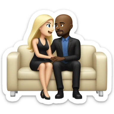 Blonde woman with blue eyes and long straight hair wearing a short black dress and a black man who is bald with a goatee seated together on a sofa enjoying a loving kiss.   sticker