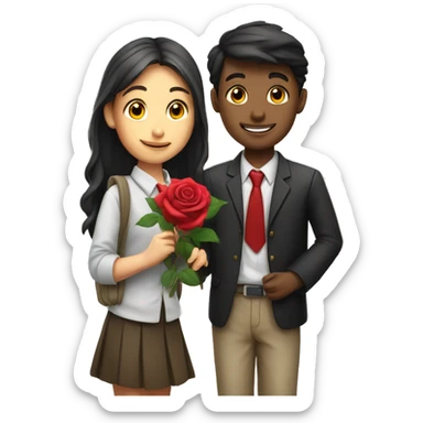 school student boy and girl with rose sticker
