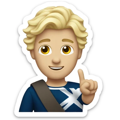 Male with blonde hair waving hand to say hello with a Scotland sticker