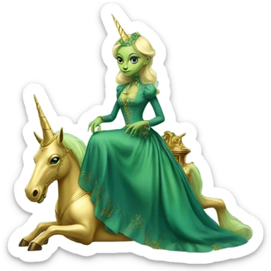 "galora green blonde alien woman" in blue Victorian dress elegant, full body, on gold unicorn sticker