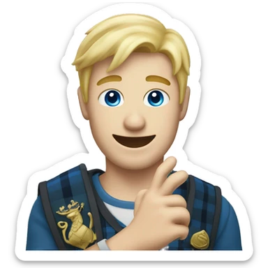 Male with blonde hair and blue eyes waving hand smiling with a Scotland sticker