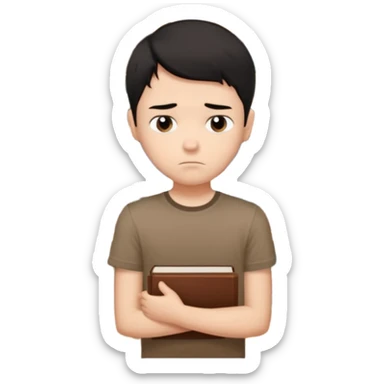 generate a pretty bratz fair skinned boy with short black hair wearing a brown tshirt surrounded by books n looking very sad sticker